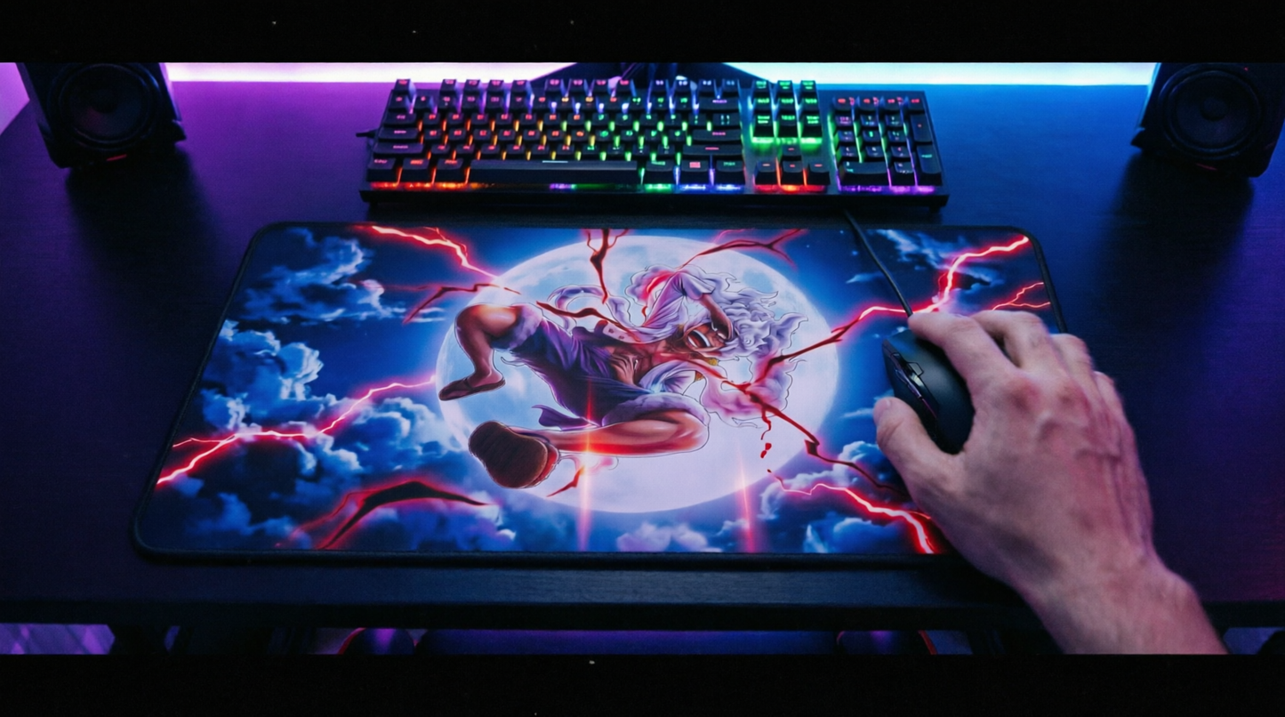 Energetic Lightning Anime Character Stitched Edge Desk Mat | Moon Background