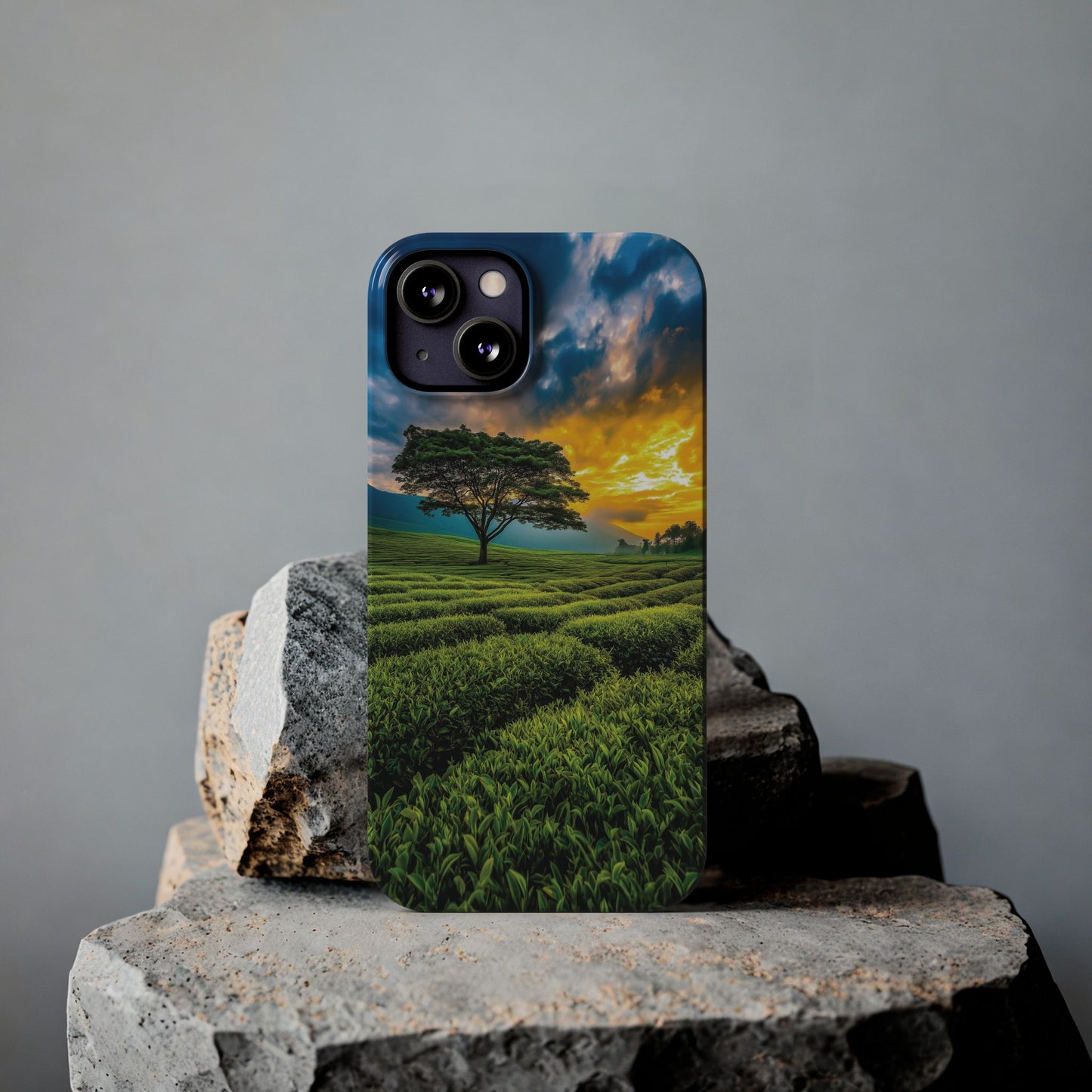 Sunset Tea Field Slim Phone Case — Scenic Tree Landscape Phone Cover