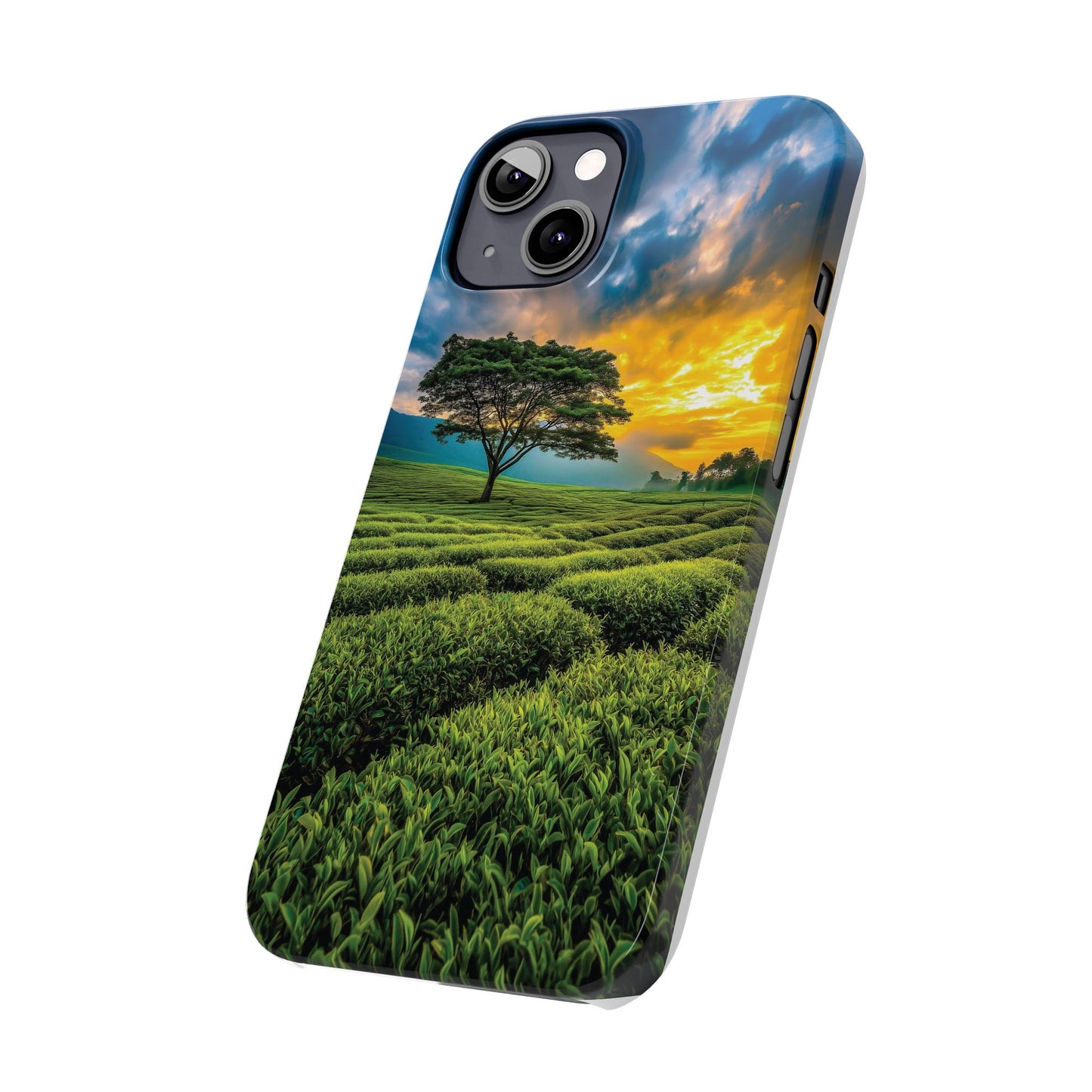 Sunset Tea Field Slim Phone Case — Scenic Tree Landscape Phone Cover