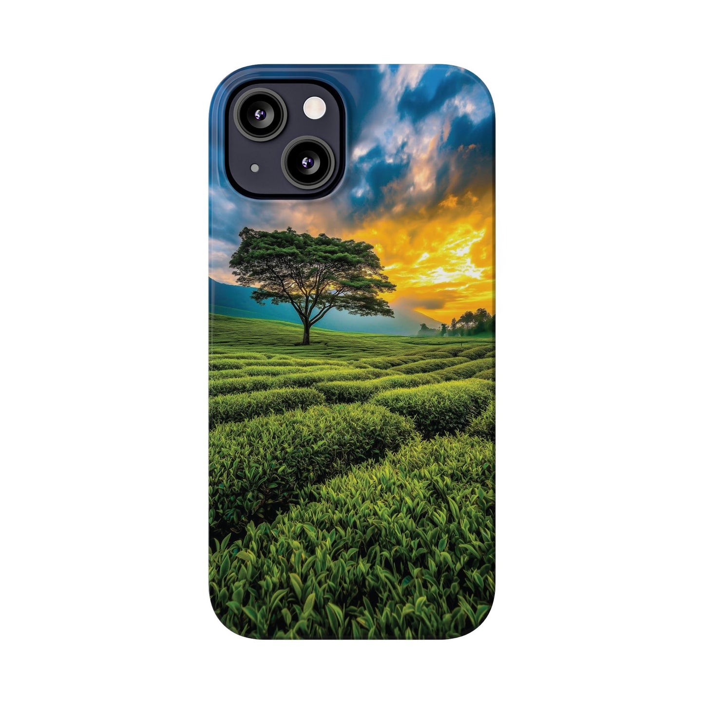 Sunset Tea Field Slim Phone Case — Scenic Tree Landscape Phone Cover