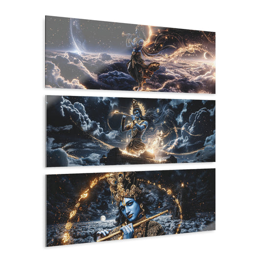 Krishna Triptych Acrylic Wall Art — Mythic Blue God Print Set