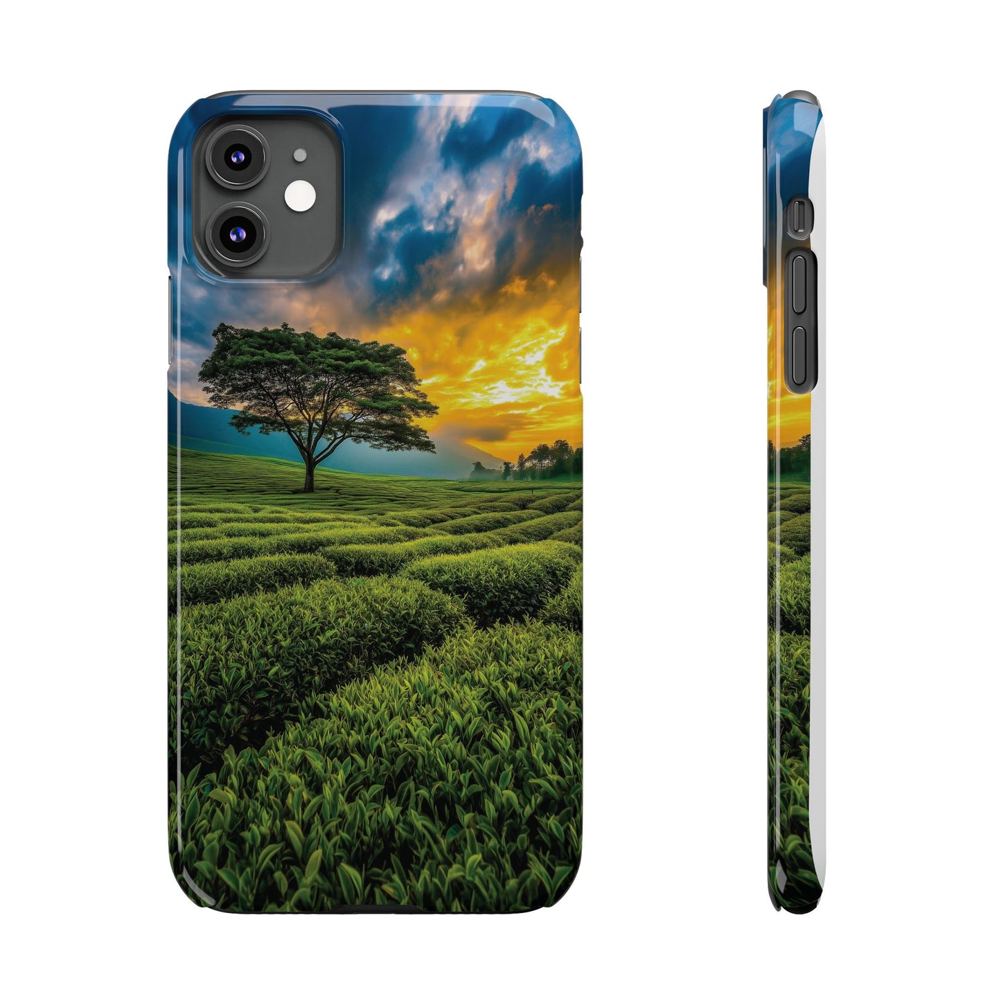 Sunset Tea Field Slim Phone Case — Scenic Tree Landscape Phone Cover