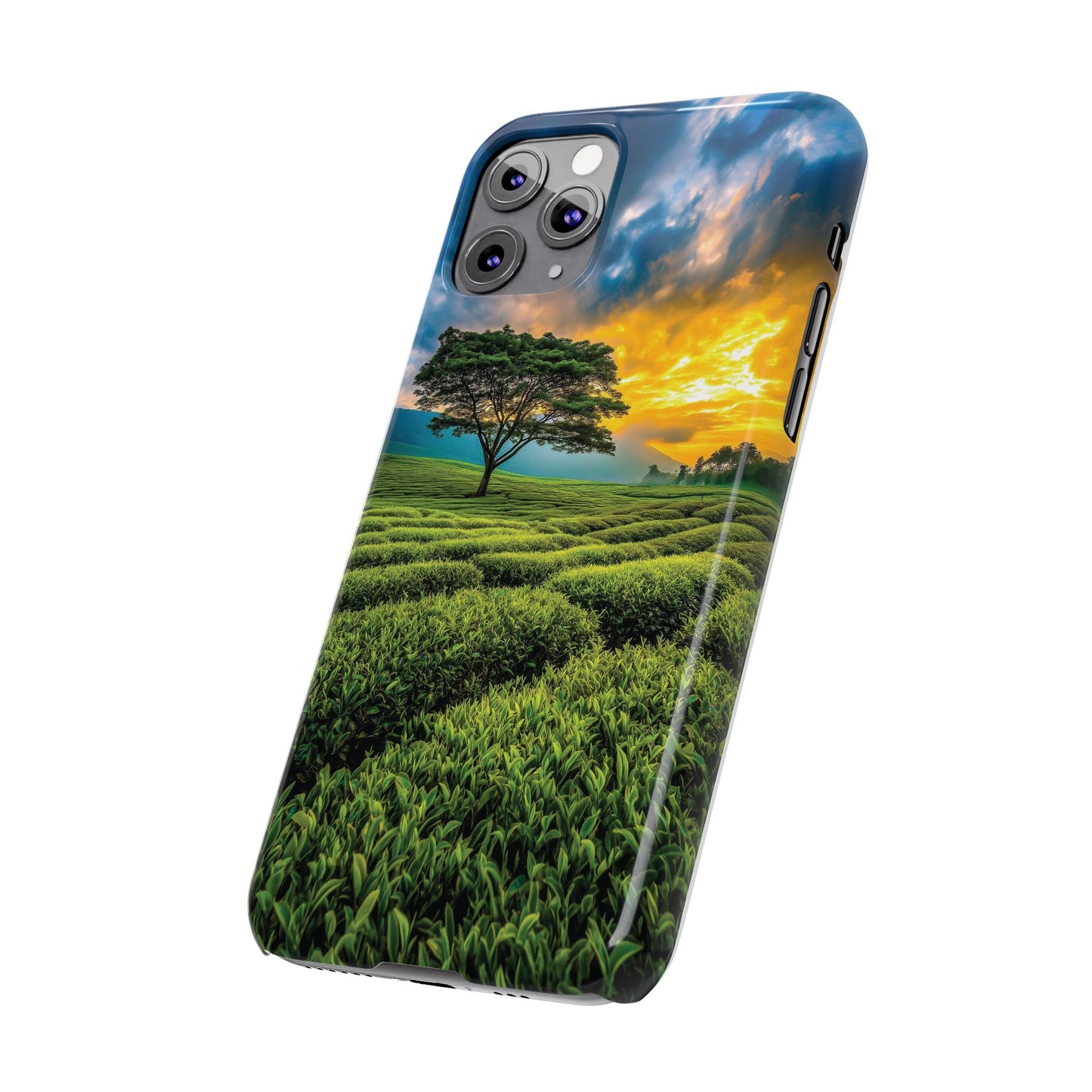 Sunset Tea Field Slim Phone Case — Scenic Tree Landscape Phone Cover