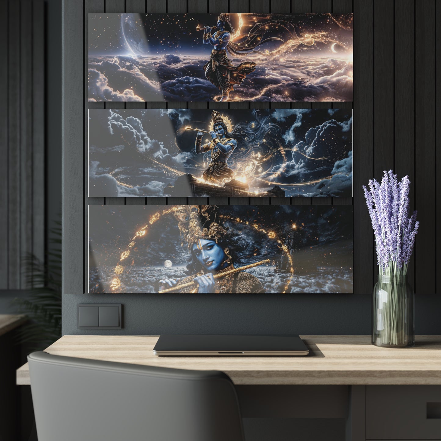 Krishna Triptych Acrylic Wall Art — Mythic Blue God Print Set