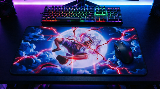 Energetic Lightning Anime Character Stitched Edge Desk Mat | Moon Background