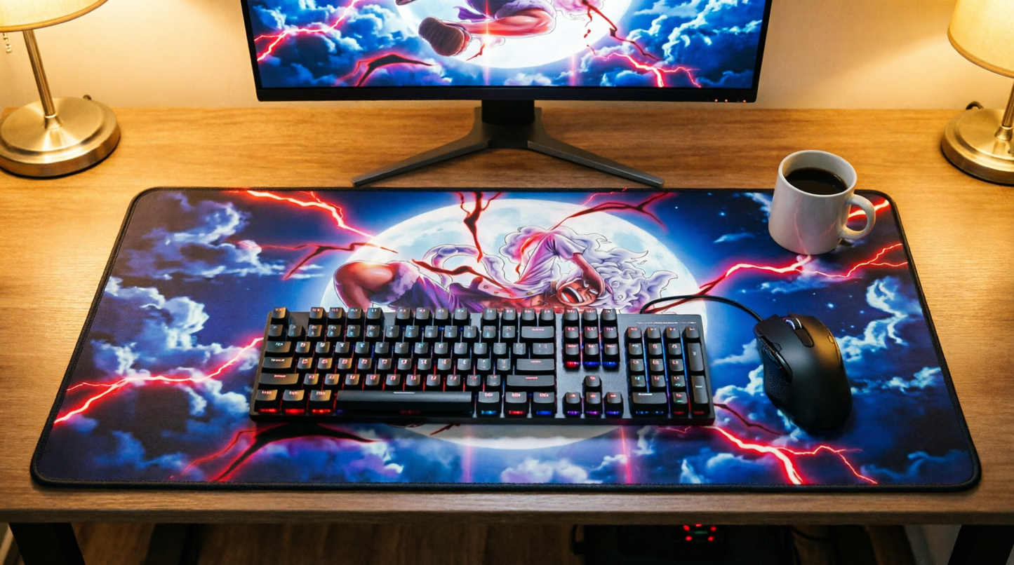 Energetic Lightning Anime Character Stitched Edge Desk Mat | Moon Background