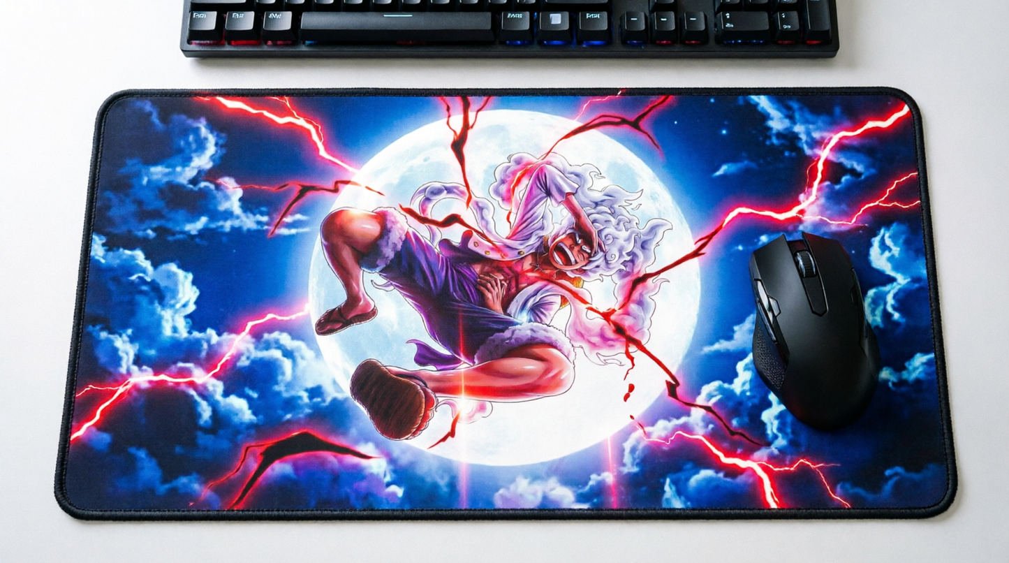 Energetic Lightning Anime Character Stitched Edge Desk Mat | Moon Background