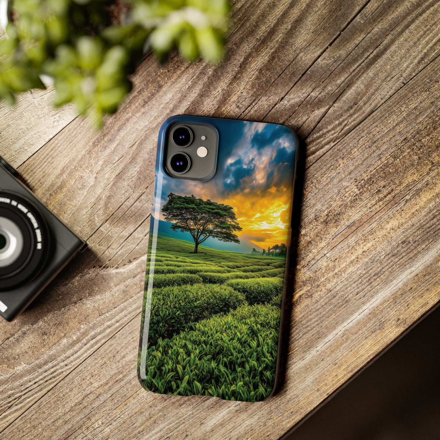 Sunset Tea Field Slim Phone Case — Scenic Tree Landscape Phone Cover