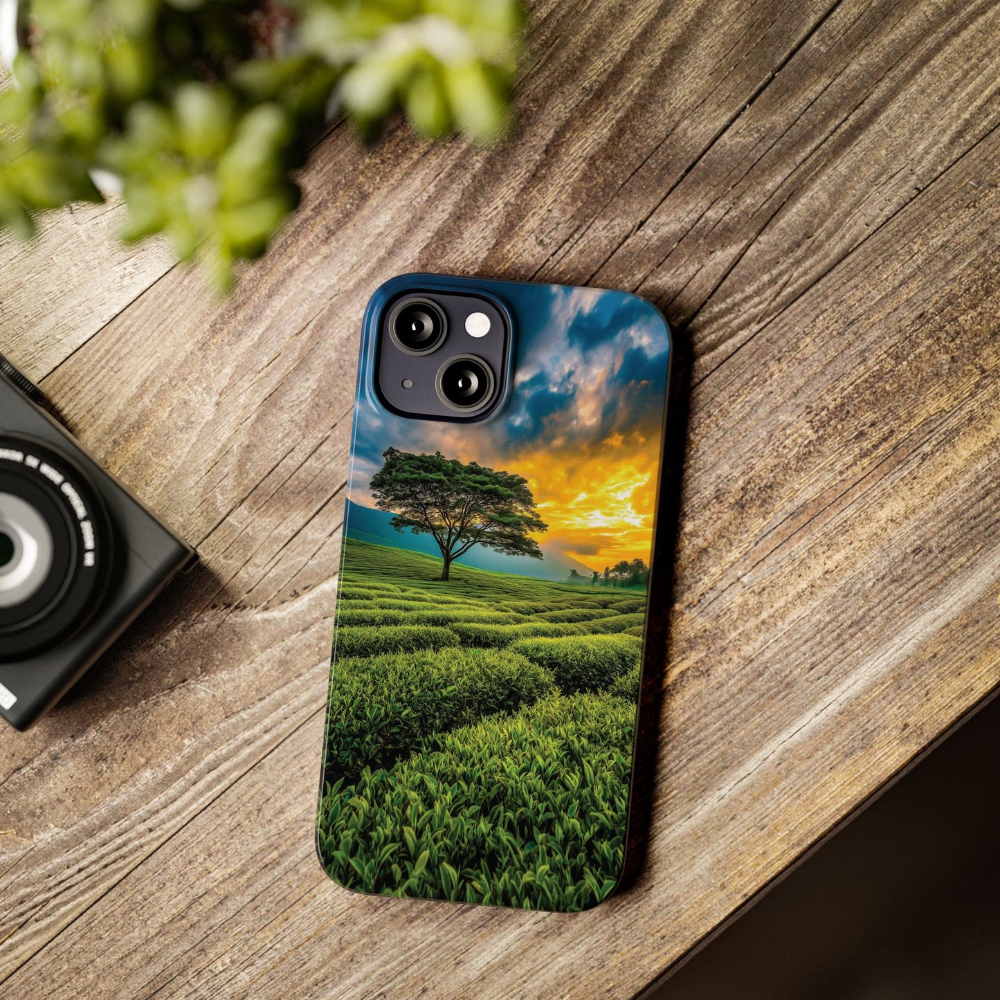 Sunset Tea Field Slim Phone Case — Scenic Tree Landscape Phone Cover