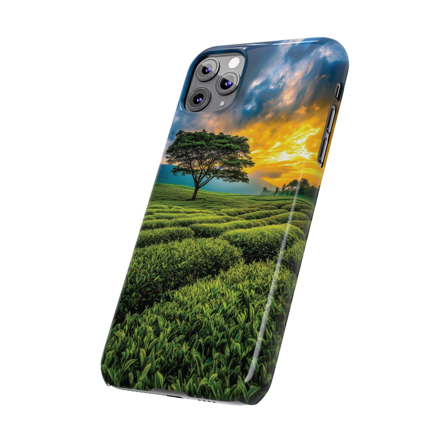 Sunset Tea Field Slim Phone Case — Scenic Tree Landscape Phone Cover