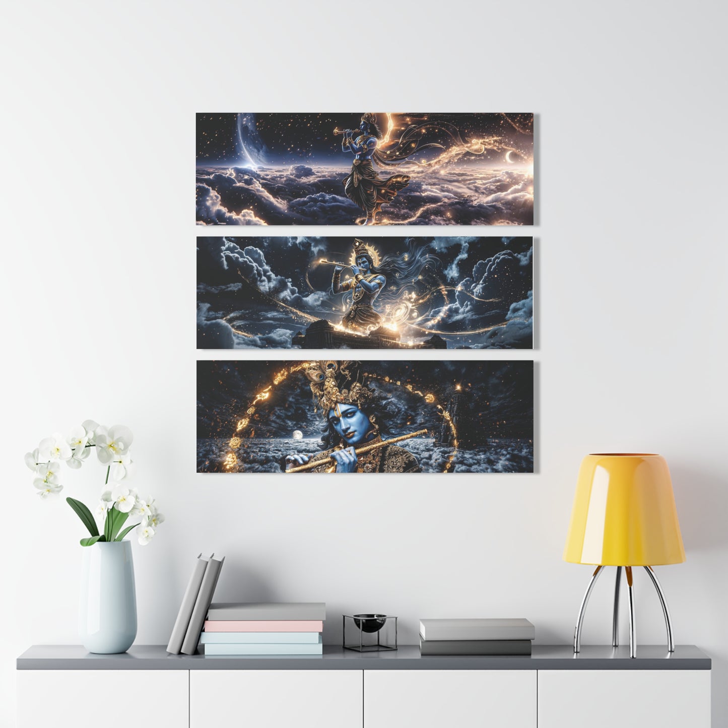 Krishna Triptych Acrylic Wall Art — Mythic Blue God Print Set