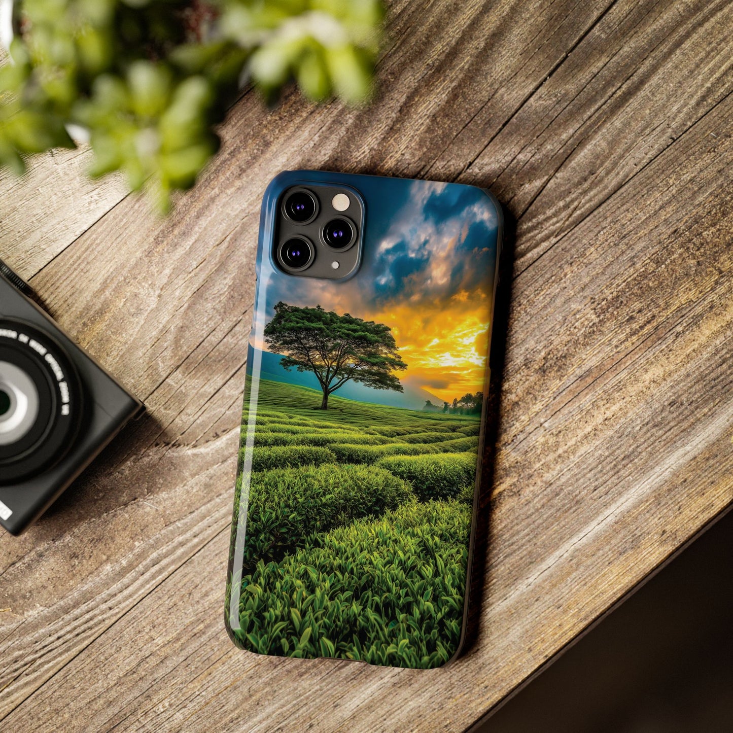 Sunset Tea Field Slim Phone Case — Scenic Tree Landscape Phone Cover